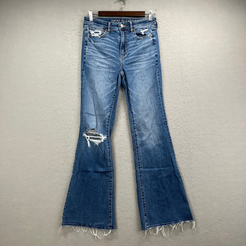 American Eagle Jeans Womens 2 Blue Denim Super Hi-Rise Flare Distressed Hippie